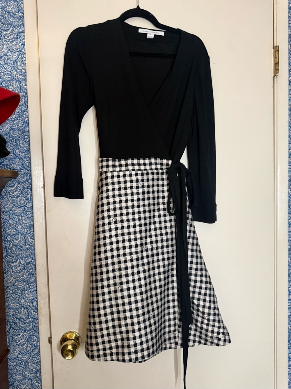 Diane Von Furstenberg Black Knit Wrap Top with Black-and-White Gingham Skirt